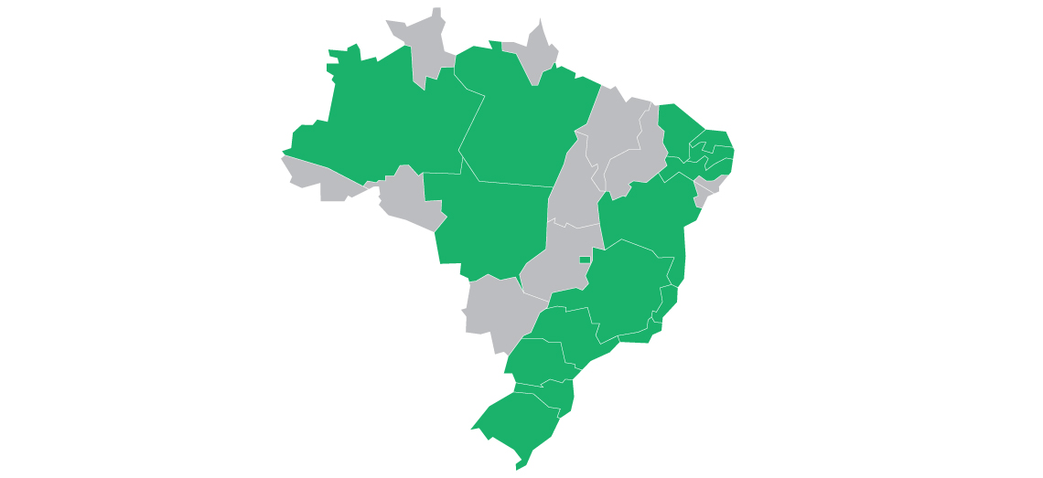 Mapa do Brasil com destaque para as cidades que receberam a formação
