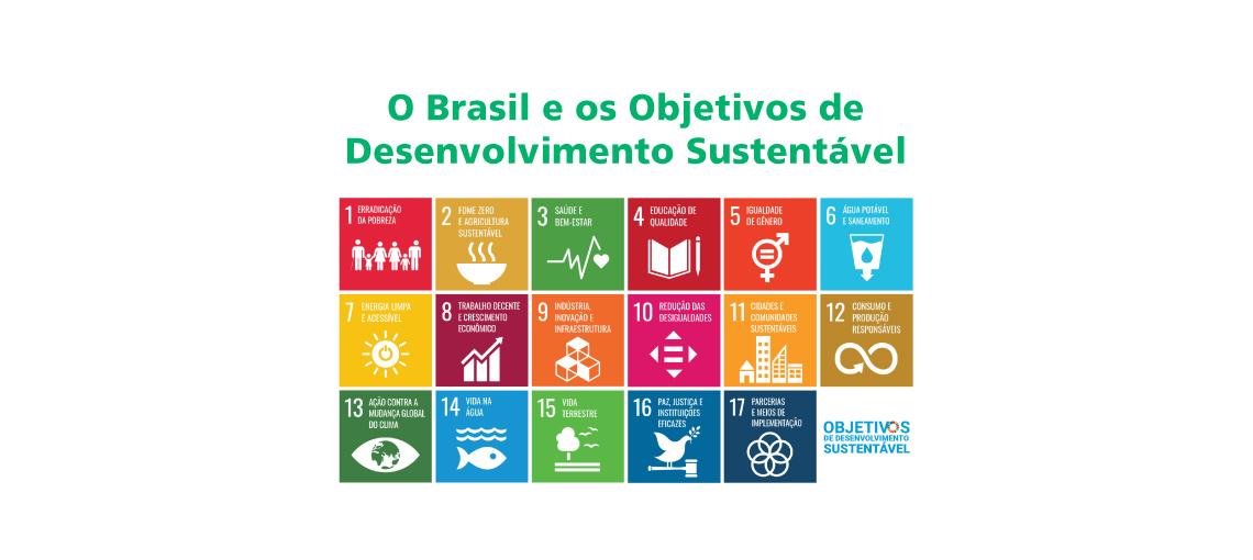 Símbolo dos ODS com a frase "O Brasil e os Objetivos de Desenvolvimento Sustentável" em cima